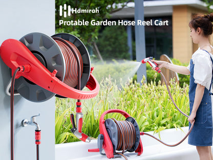Protable Garden Hose Reel Hold up to 75-100 ft of 1/2" Hose, Water Hose Reel with Spray Nozzle, Wall Mounted Garden Hose Reel Tools with Male and Female Connectors, Mobile Garden Hose Reel For Outside