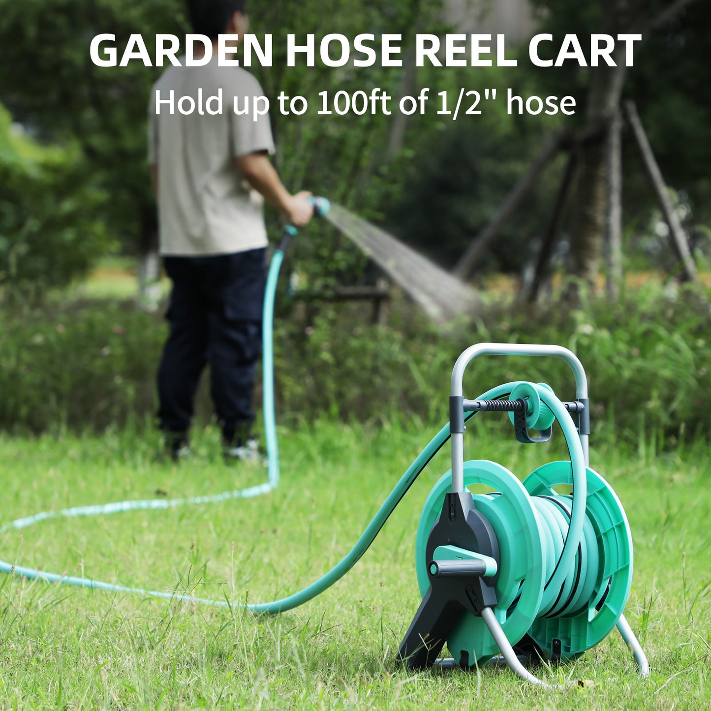 Garden Hose Reel Cart, Hold Up to 100 Ft of 1/2" Hose, Wall Mounted Water Hose Reel Cart, Portable Garden Hose reels Tools With Built-In Hose Guide, Mobile Hose Reel Cart For Outside