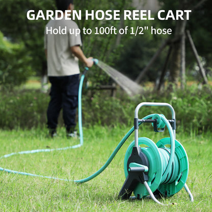 Garden Hose Reel Cart, Hold Up to 100 Ft of 1/2" Hose, Wall Mounted Water Hose Reel Cart, Portable Garden Hose reels Tools With Built-In Hose Guide, Mobile Hose Reel Cart For Outside
