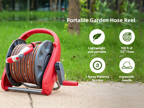Protable Garden Hose Reel Hold up to 75-100 ft of 1/2" Hose, Water Hose Reel with Spray Nozzle, Wall Mounted Garden Hose Reel Tools with Male and Female Connectors, Mobile Garden Hose Reel For Outside