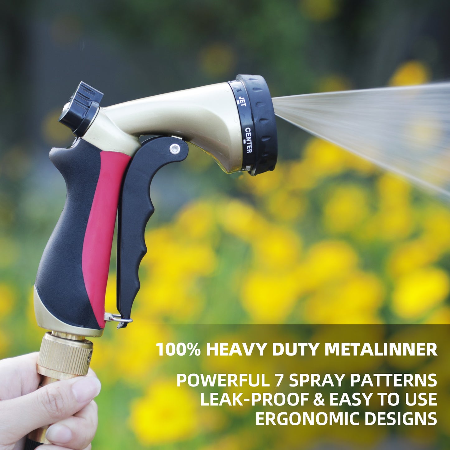 Garden Hose Sprayer Nozzle, Heavy Duty Water Hose Nozzle with 7 Spray Patterns, High Pressure Adjustment Button, Lockable Front Trigger, Watering Plants & Lawns, Washing Cars & Pets