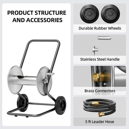 Garden Hose Reel Cart, Hold Up to 175 ft of 5/8’’Hose , Heavy Duty Metal Stainless Steel Hose Reel Cart, Water Hose Reel Cart with Wheels, Mobile Hose Reel Cart For Outside Lawn Yard