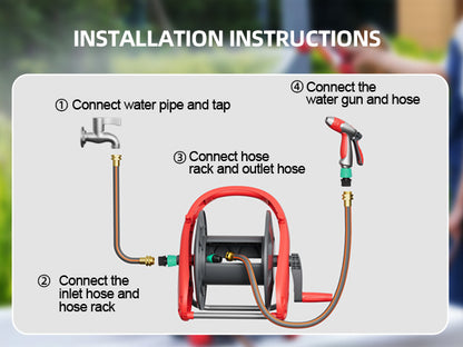Protable Garden Hose Reel Hold up to 75-100 ft of 1/2" Hose, Water Hose Reel with Spray Nozzle, Wall Mounted Garden Hose Reel Tools with Male and Female Connectors, Mobile Garden Hose Reel For Outside