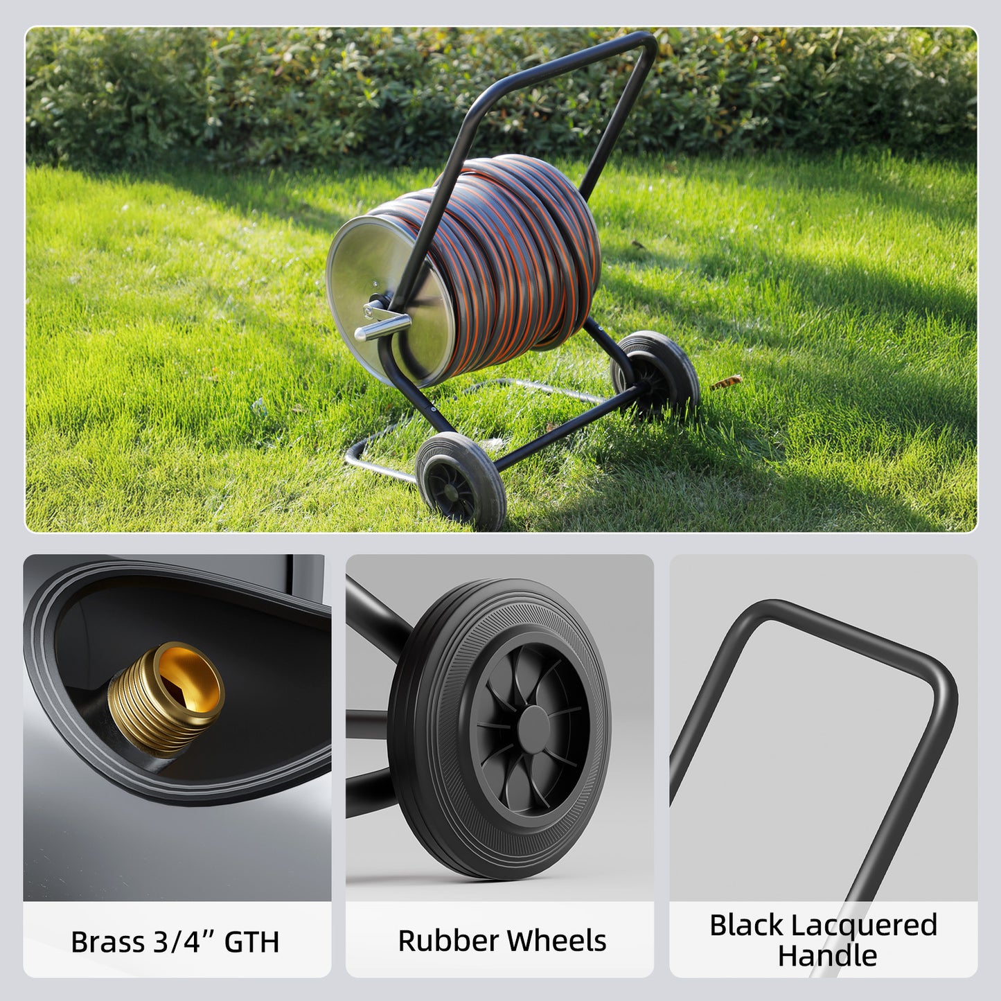 Garden Hose Reel Cart, Hold Up to 175 ft of 5/8’’Hose , Heavy Duty Metal Stainless Steel Hose Reel Cart, Water Hose Reel Cart with Wheels, Mobile Hose Reel Cart For Outside Lawn Yard