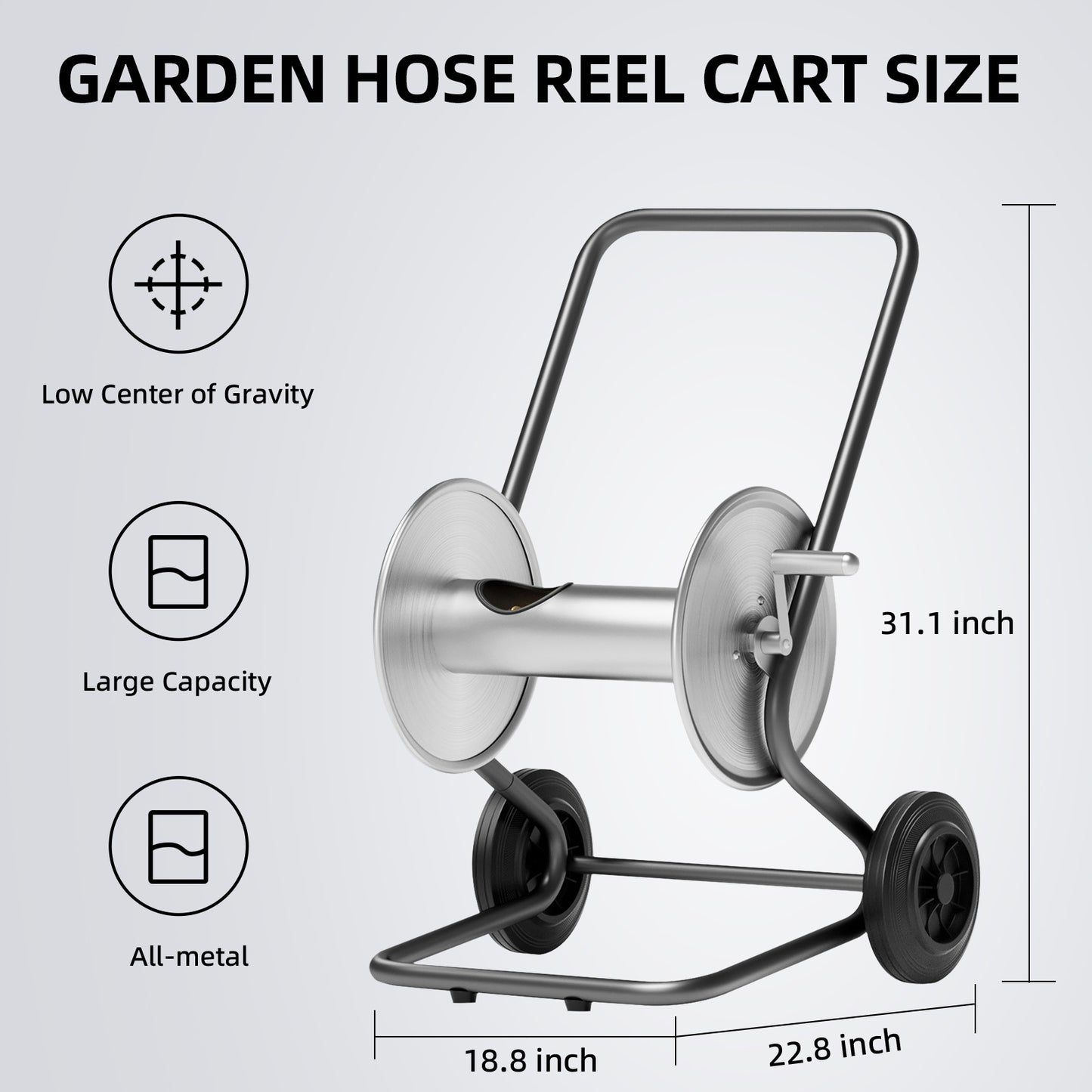 Garden Hose Reel Cart, Hold Up to 175 ft of 5/8’’Hose , Heavy Duty Metal Stainless Steel Hose Reel Cart, Water Hose Reel Cart with Wheels, Mobile Hose Reel Cart For Outside Lawn Yard