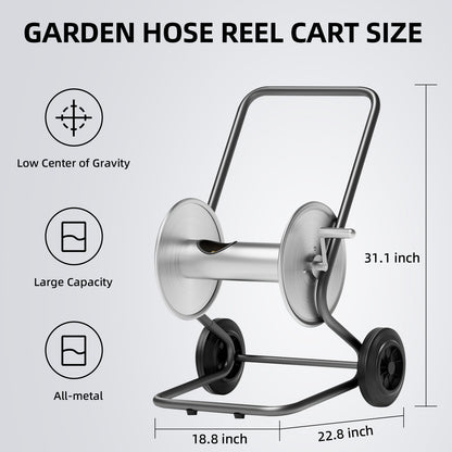Garden Hose Reel Cart, Hold Up to 175 ft of 5/8’’Hose , Heavy Duty Metal Stainless Steel Hose Reel Cart, Water Hose Reel Cart with Wheels, Mobile Hose Reel Cart For Outside Lawn Yard