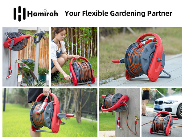 Protable Garden Hose Reel Hold up to 75-100 ft of 1/2" Hose, Water Hose Reel with Spray Nozzle, Wall Mounted Garden Hose Reel Tools with Male and Female Connectors, Mobile Garden Hose Reel For Outside