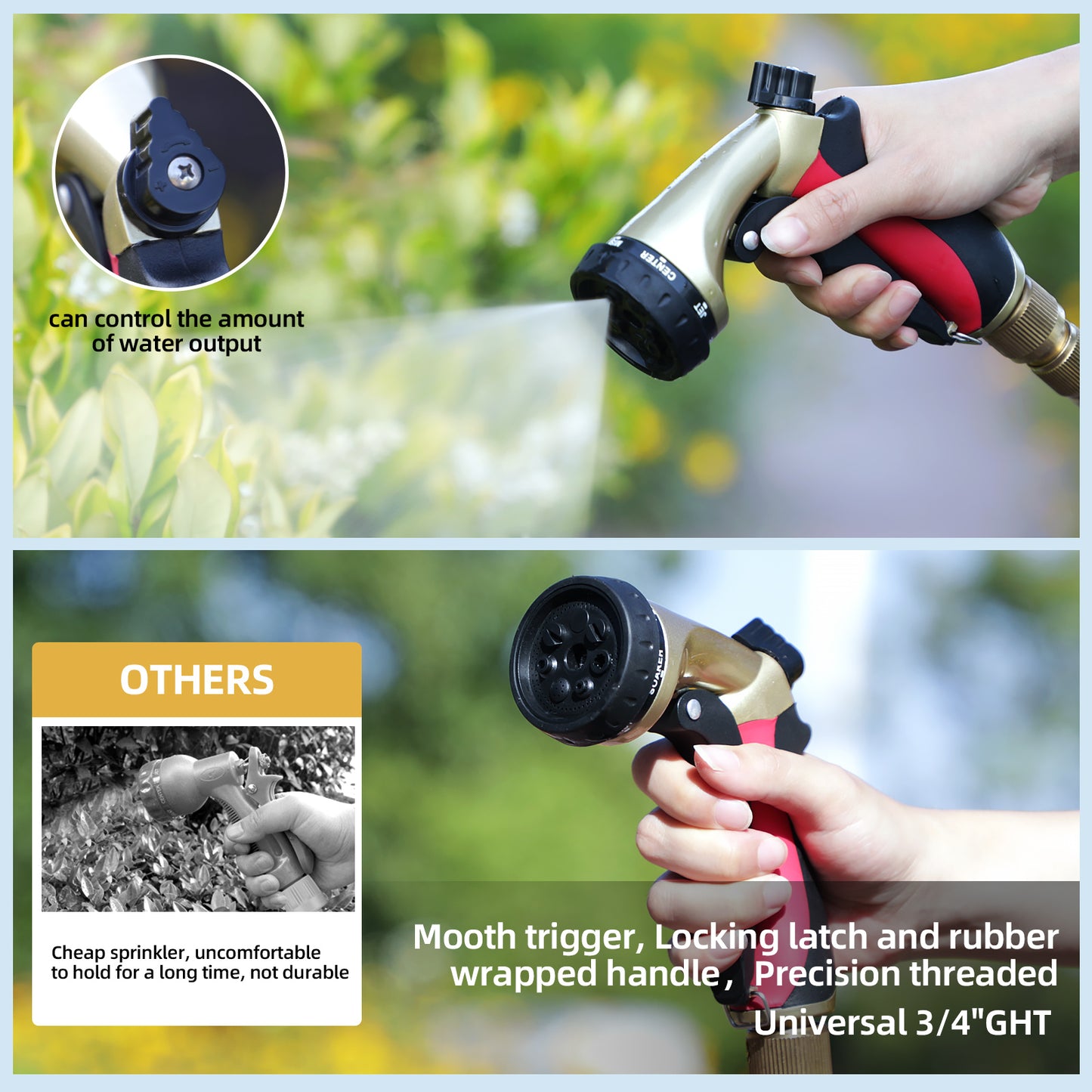 Garden Hose Sprayer Nozzle, Heavy Duty Water Hose Nozzle with 7 Spray Patterns, High Pressure Adjustment Button, Lockable Front Trigger, Watering Plants & Lawns, Washing Cars & Pets
