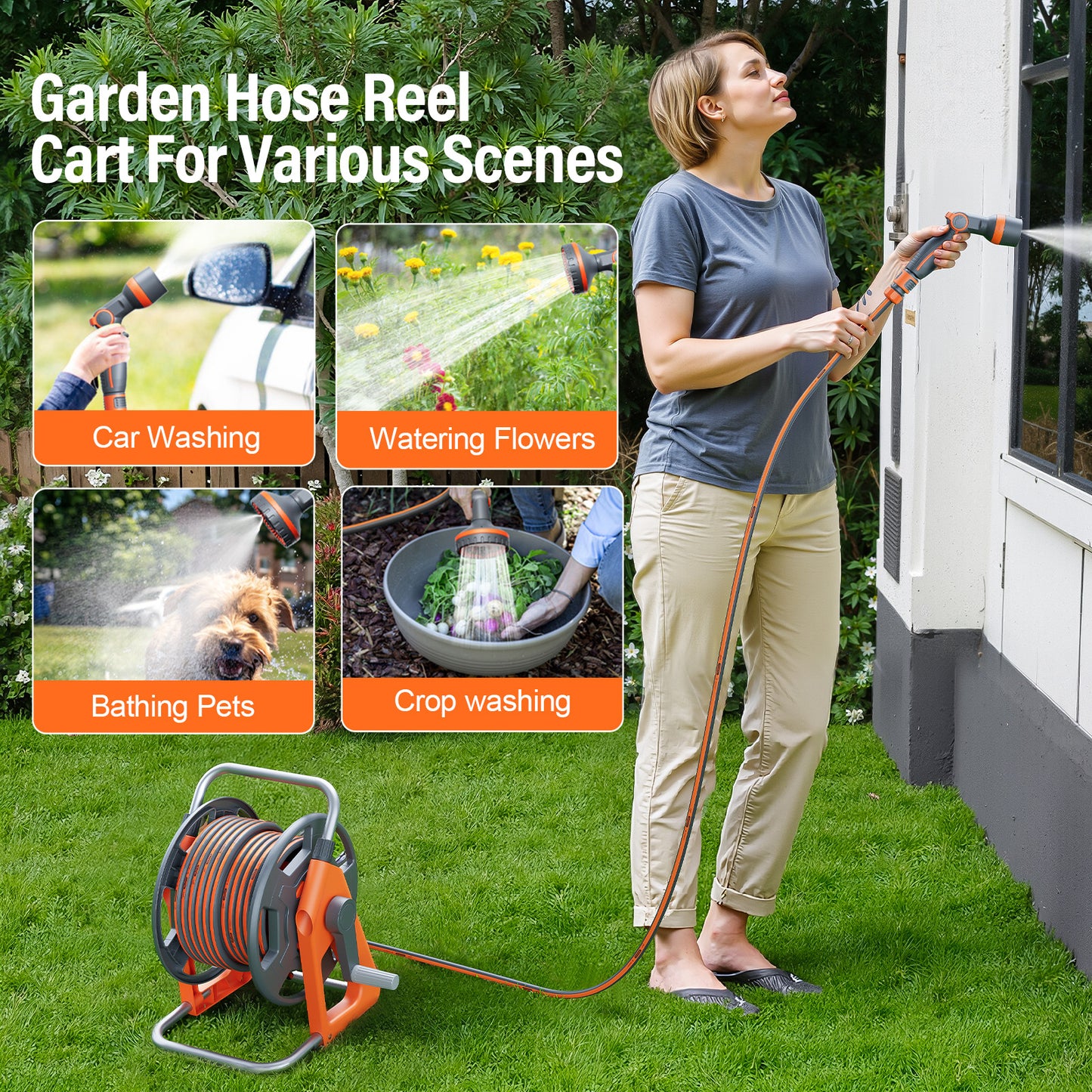 Portable Garden Hose Reel, Hold on 50-100 ft of 1/2" Hose, Upgraded Water Hose Reel Cart, Wall Mounted Hose Reel Tools with Quick Connectors, Mobile Hose Reel Cart For Outside Lawn Yard