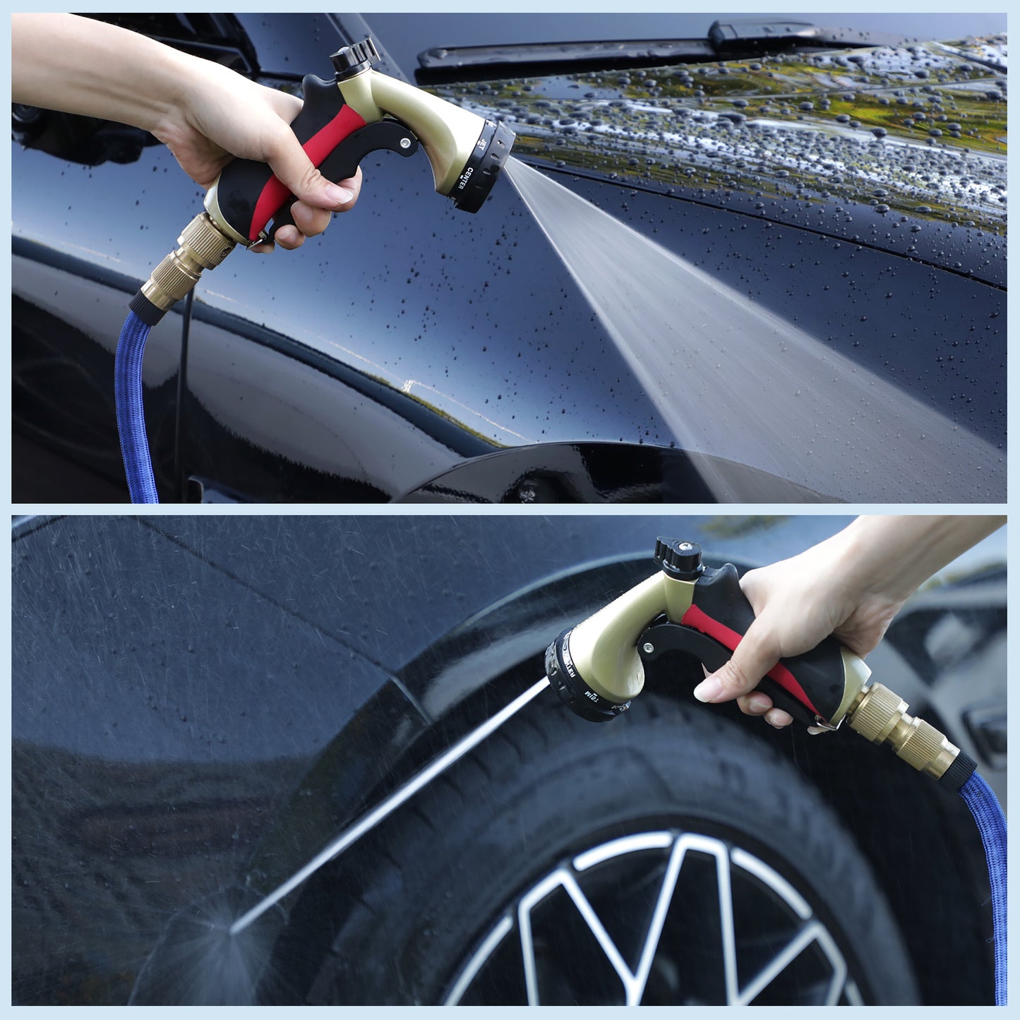 Garden Hose Sprayer Nozzle, Heavy Duty Water Hose Nozzle with 7 Spray Patterns, High Pressure Adjustment Button, Lockable Front Trigger, Watering Plants & Lawns, Washing Cars & Pets
