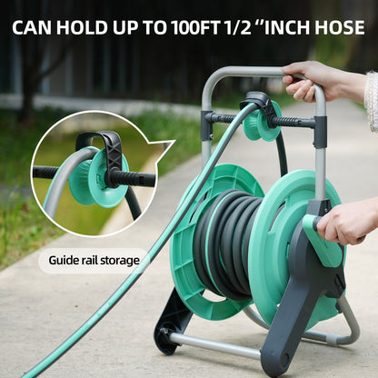 Garden Hose Reel Cart, Hold Up to 100 Ft of 1/2" Hose, Wall Mounted Water Hose Reel Cart, Portable Garden Hose reels Tools With Built-In Hose Guide, Mobile Hose Reel Cart For Outside
