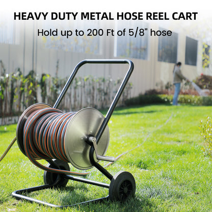 Garden Hose Reel Cart, Hold Up to 175 ft of 5/8’’Hose , Heavy Duty Metal Stainless Steel Hose Reel Cart, Water Hose Reel Cart with Wheels, Mobile Hose Reel Cart For Outside Lawn Yard